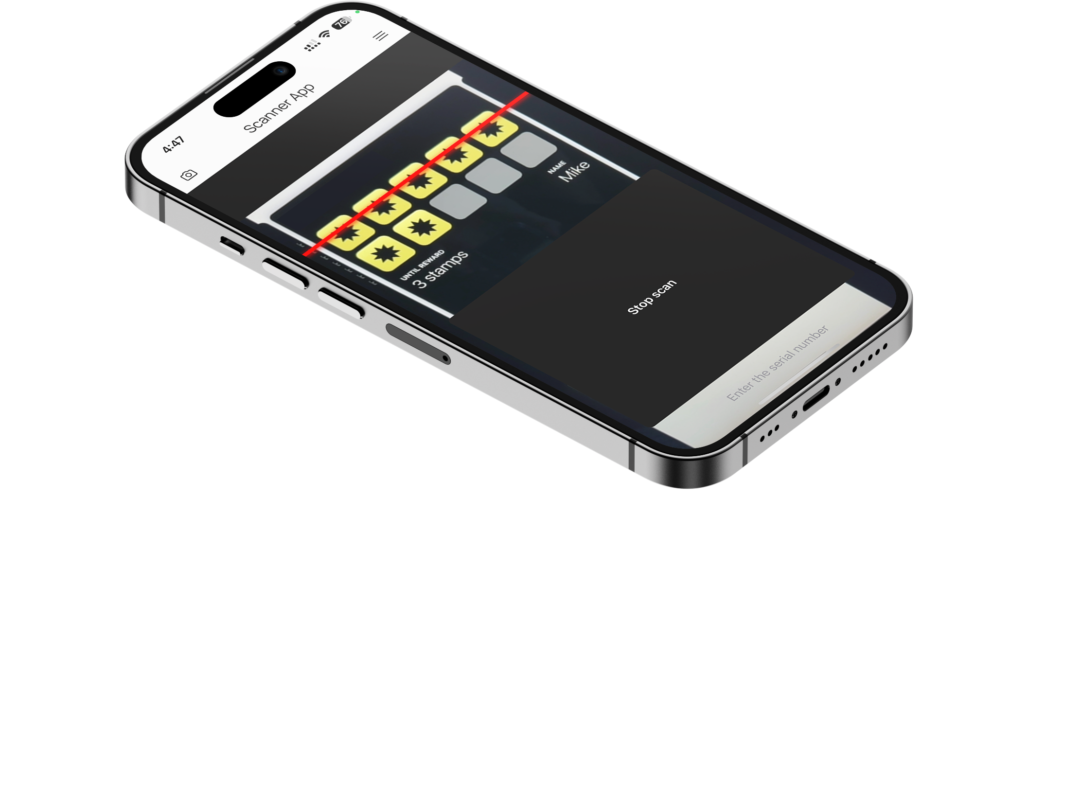 Staff phone using the Scanner App to scan a loyalty card
